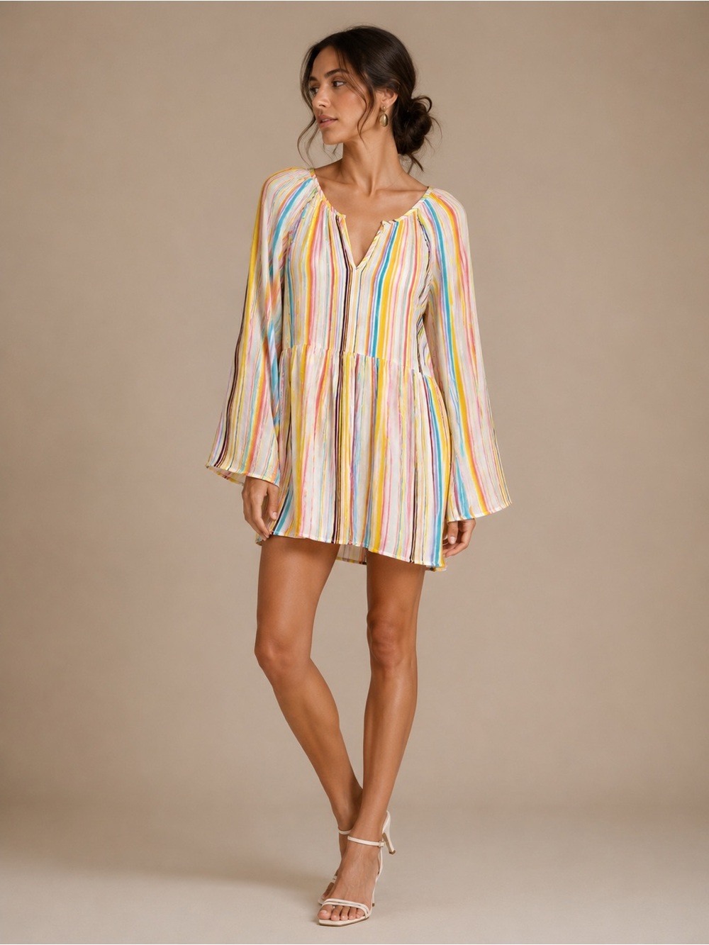 Spense Multicolor Striped Boho Smocked Waist Top with Bell Sleeves Size XL